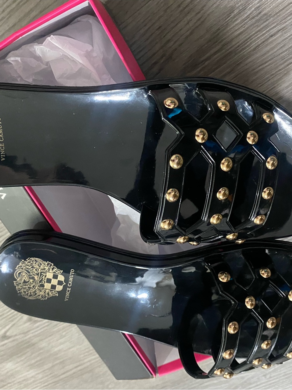 Vince Camuto Black Patent Slide Mules with Gold Studs